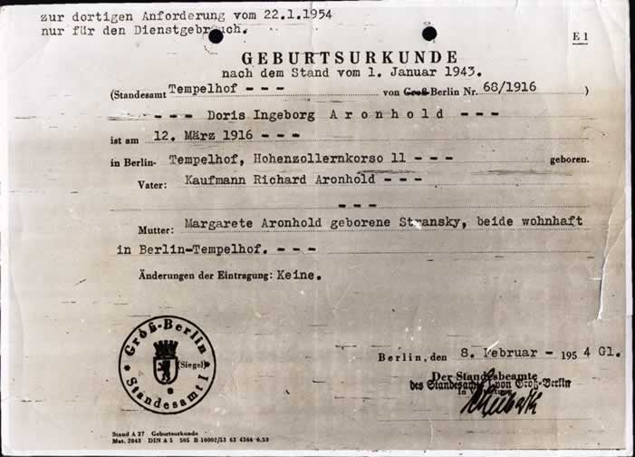 Document of Birth of Doris Ingeborg Aronhold